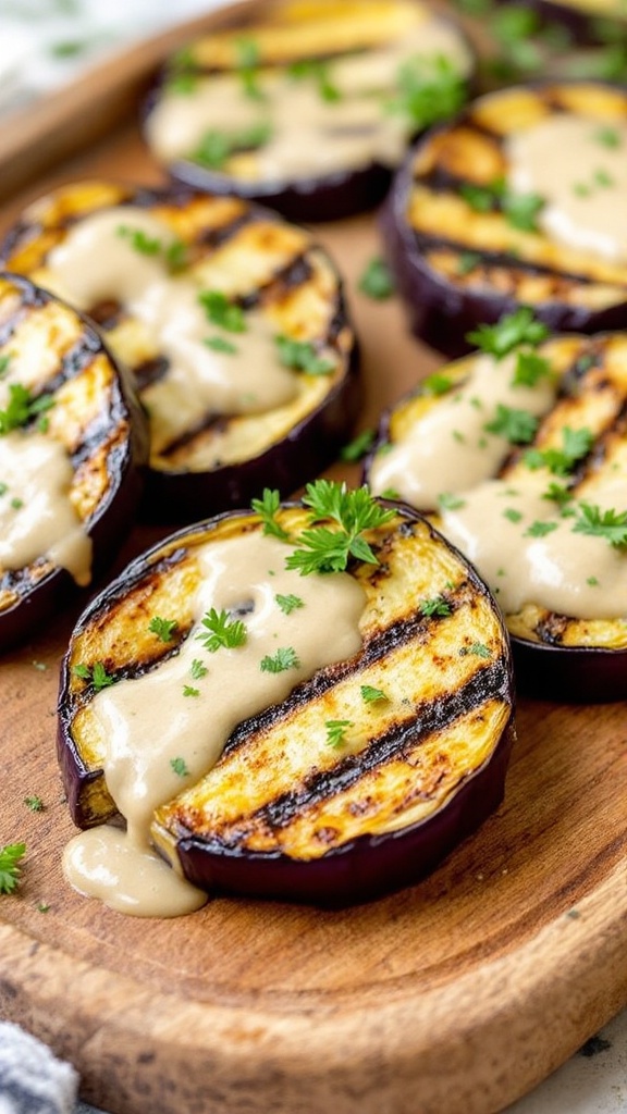 Grilled eggplant slices drizzled with tahini sauce on a wooden platter