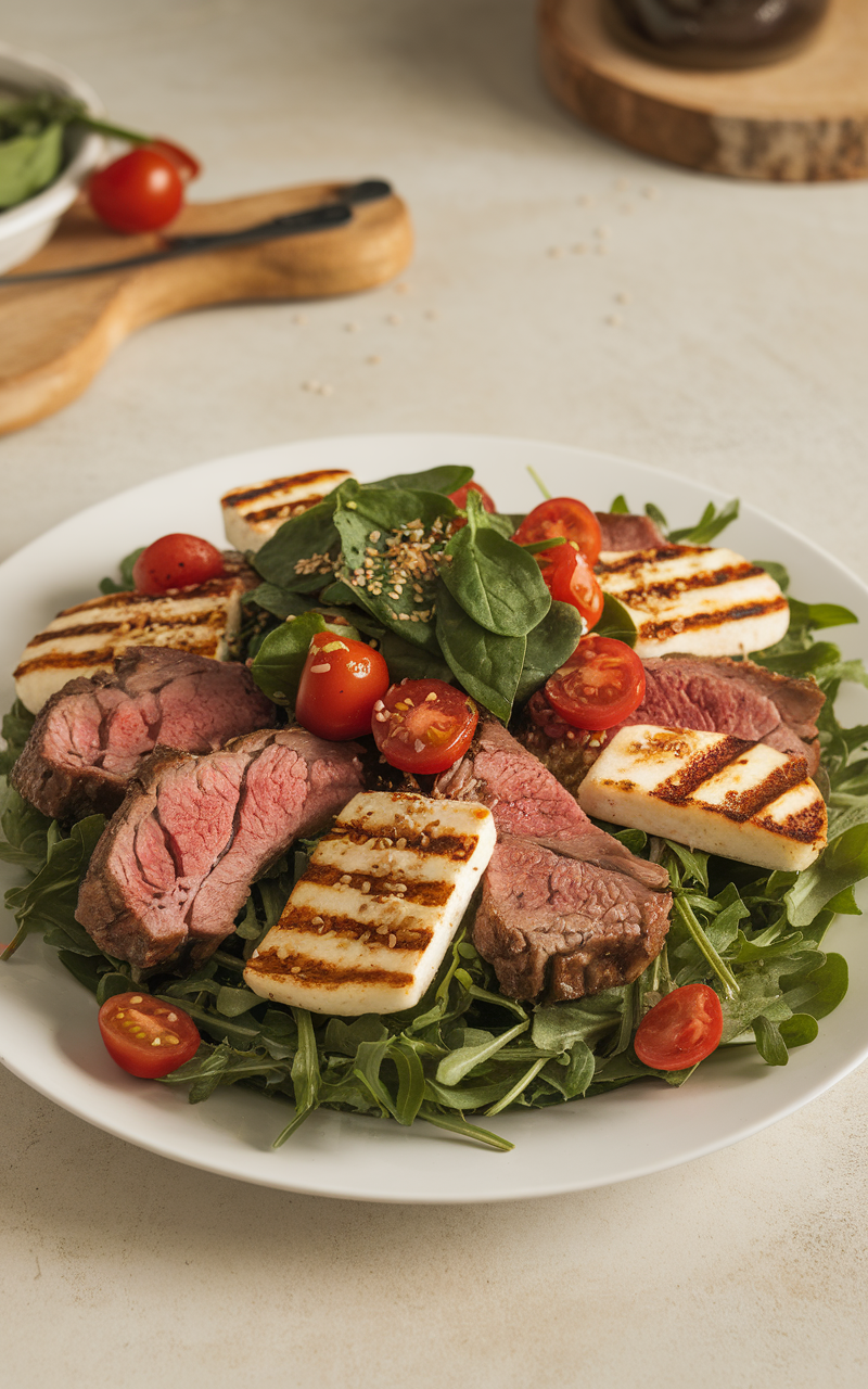 A plate of grilled lamb and halloumi salad with cherry tomatoes and greens