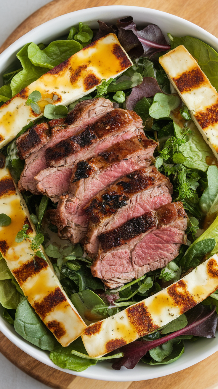 A colorful salad with grilled lamb slices and halloumi cheese on a bed of greens.