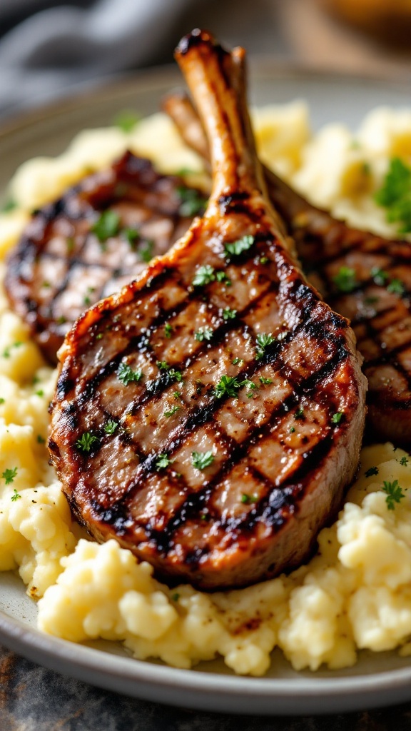 Grilled lamb chops served on a plate with mashed potatoes