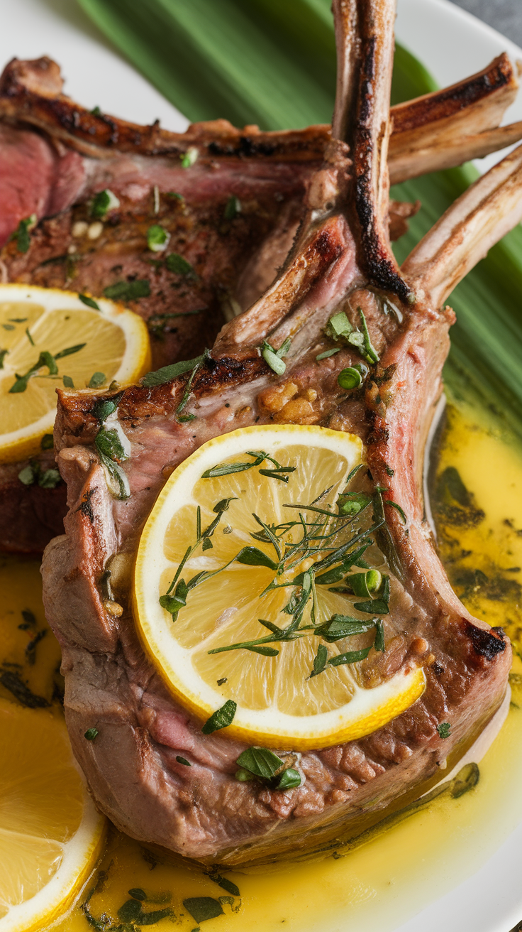 Grilled lamb chops garnished with lemon slices and herbs