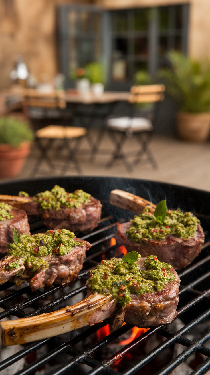 Grilled lamb chops with mint chimichurri on a grill.