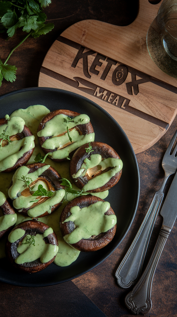 Grilled mushrooms drizzled with avocado dressing on a black plate, with a wooden board in the background.