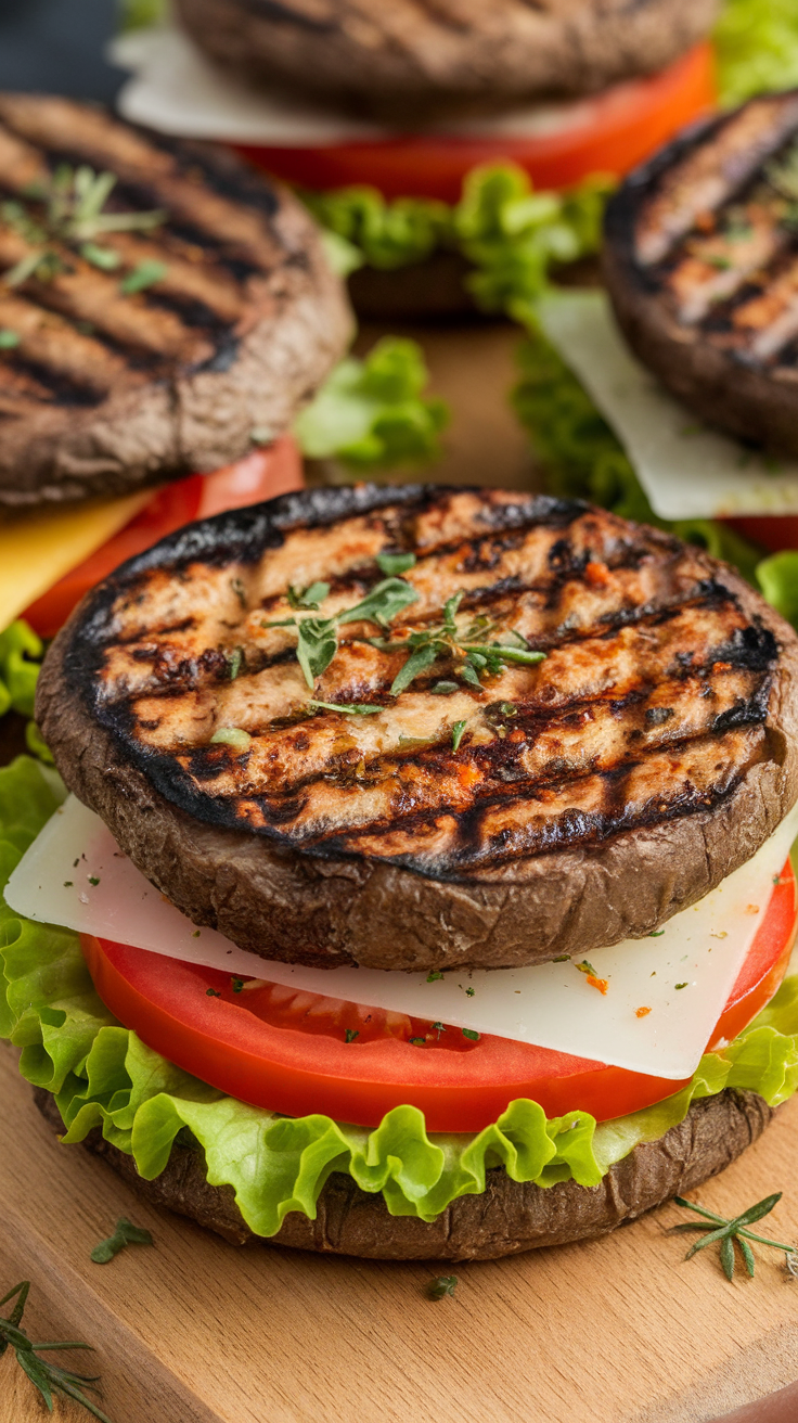 Grilled Portobello mushroom burgers with lettuce, tomato, and cheese