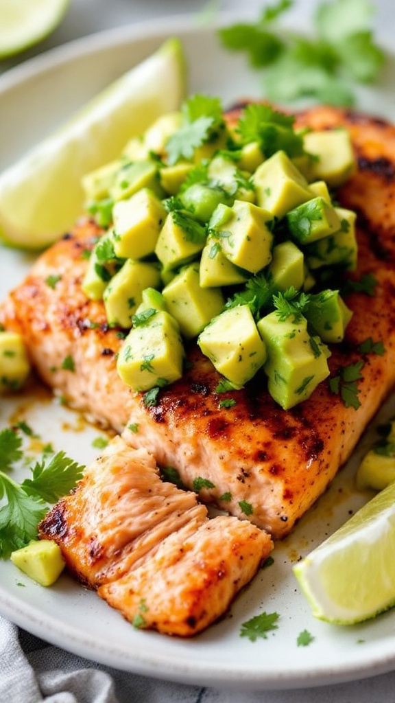 Grilled salmon fillet topped with avocado salsa and lime