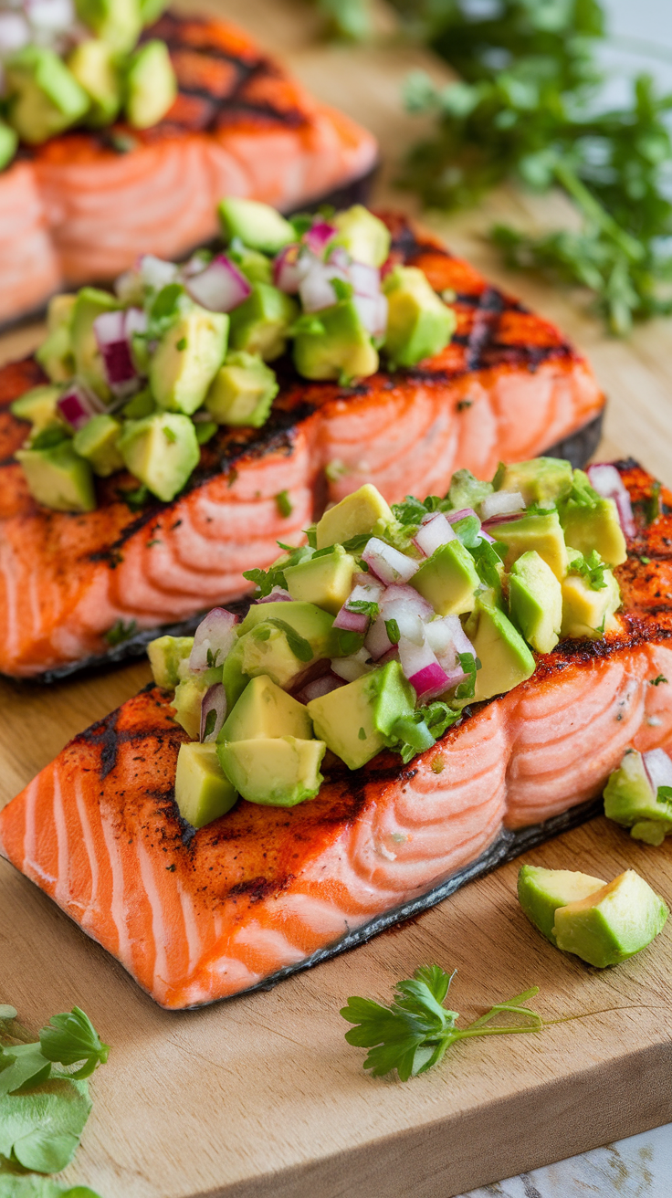 Grilled salmon fillets topped with avocado salsa