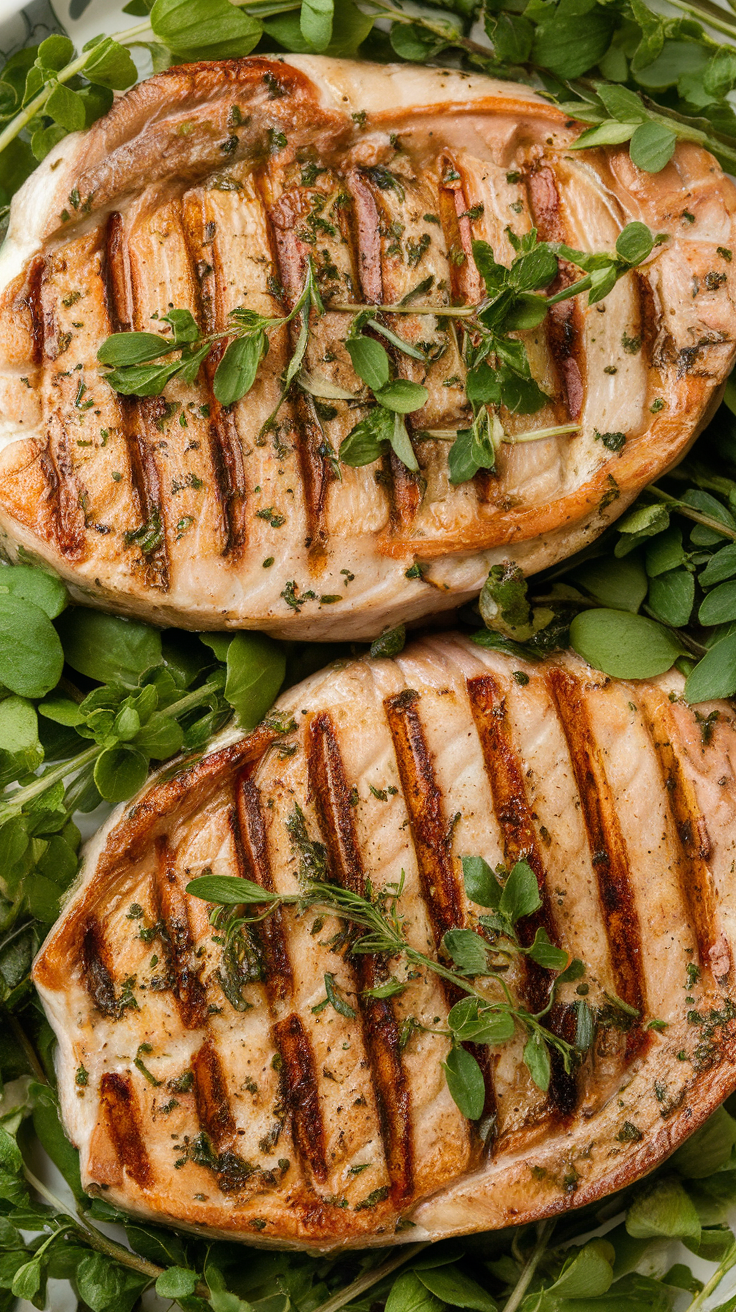 Grilled swordfish steaks garnished with herbs and lemon slices on a white plate.