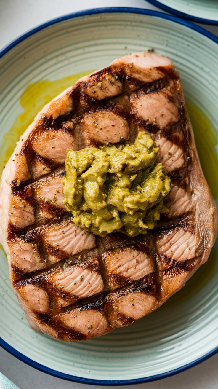 Grilled swordfish steak with olive tapenade on top