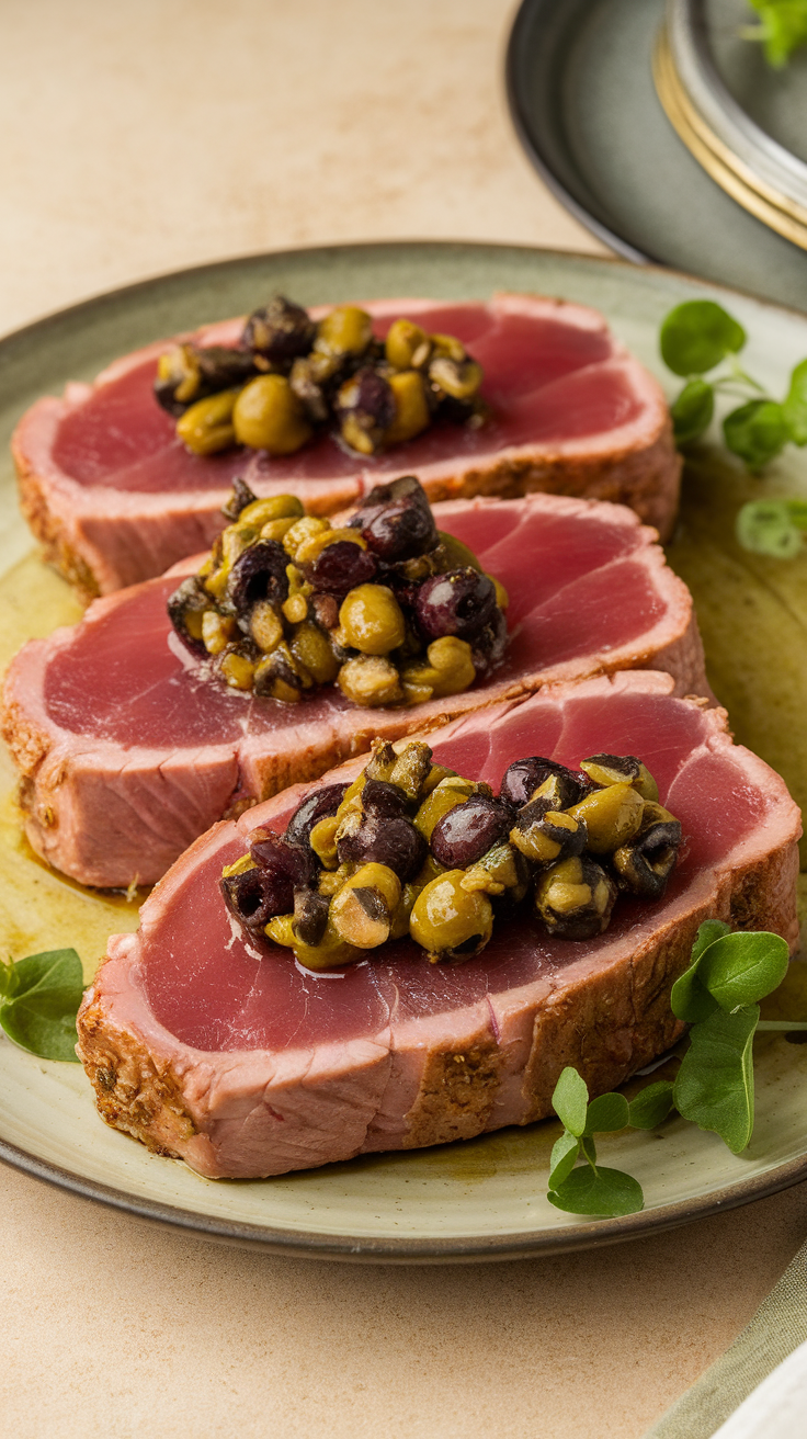 Grilled tuna steaks topped with olive tapenade on a plate