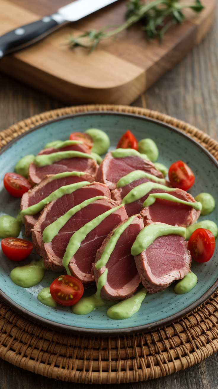 A plate of grilled tuna steaks drizzled with sauce, garnished with cherry tomatoes and parsley.