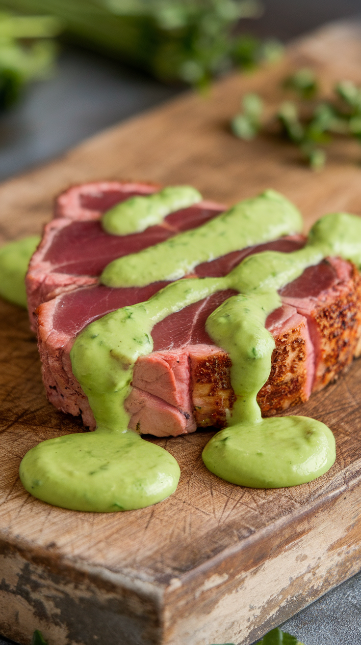 Grilled tuna steak topped with green avocado cream sauce on a wooden board