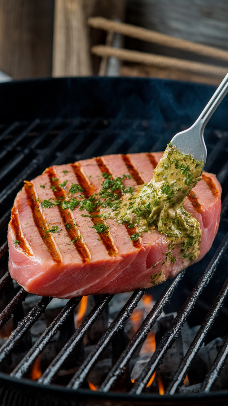 Grilled tuna steak being marinated with garlic herb sauce on a grill.