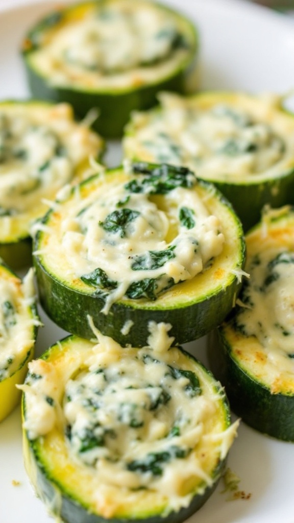 Grilled zucchini rolls filled with goat cheese and spinach.