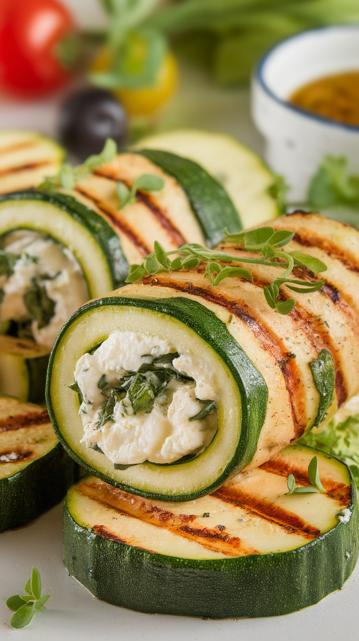 Grilled zucchini rolls filled with goat cheese and herbs