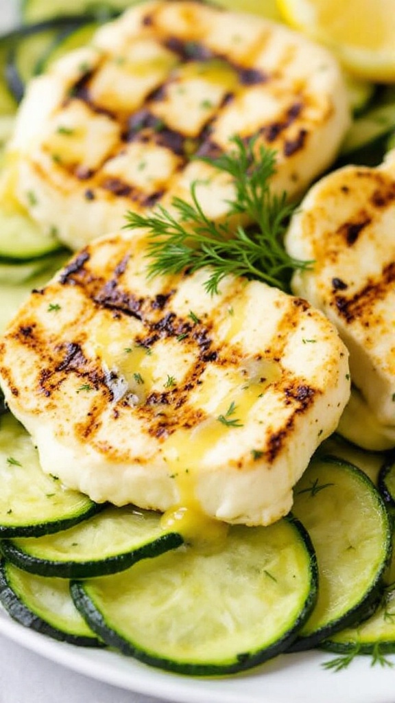 Grilled zucchini salad topped with slices of halloumi cheese and garnished with herbs.