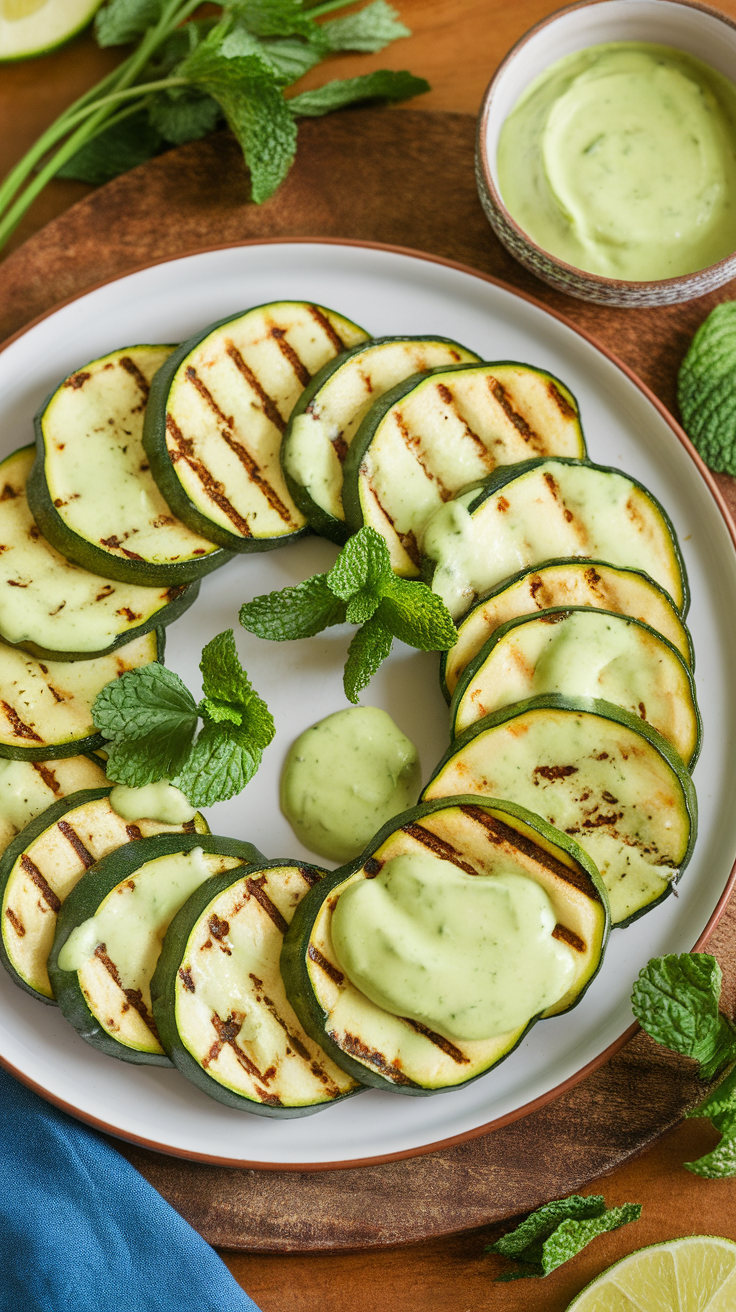 A plate of grilled zucchini slices topped with avocado lime dressing and mint leaves.