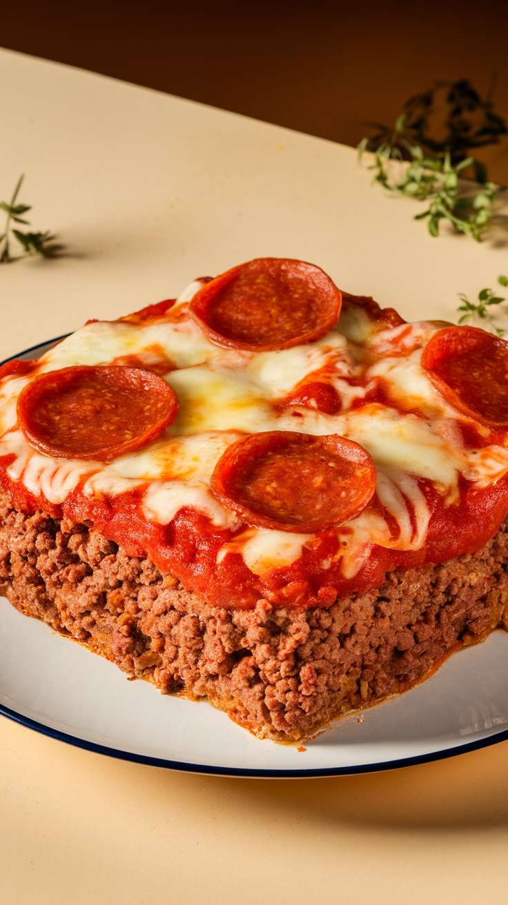 A delicious Ground Beef Pizza Casserole topped with pepperoni and cheese.