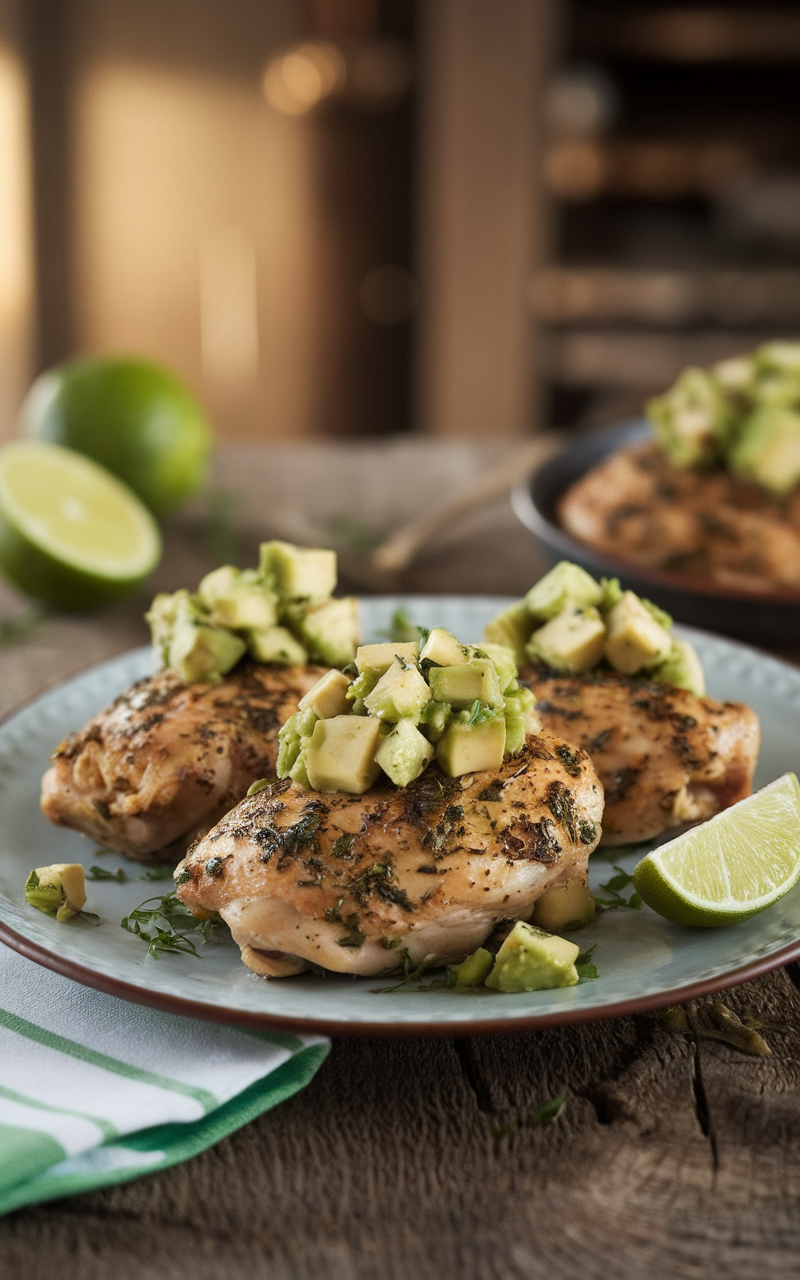 Herbed chicken thighs served with avocado salsa and lime.