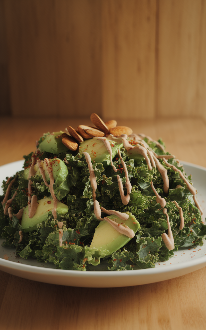 A vibrant Kale and Avocado Salad topped with sliced almonds and a drizzle of lemon tahini dressing.