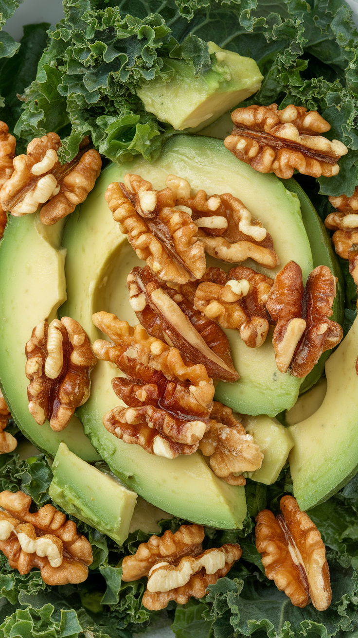 A close-up of a kale salad with ripe avocado slices and walnuts