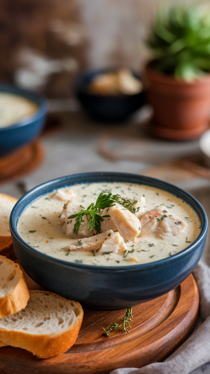 A bowl of creamy fish chowder garnished with herbs, beside slices of bread.