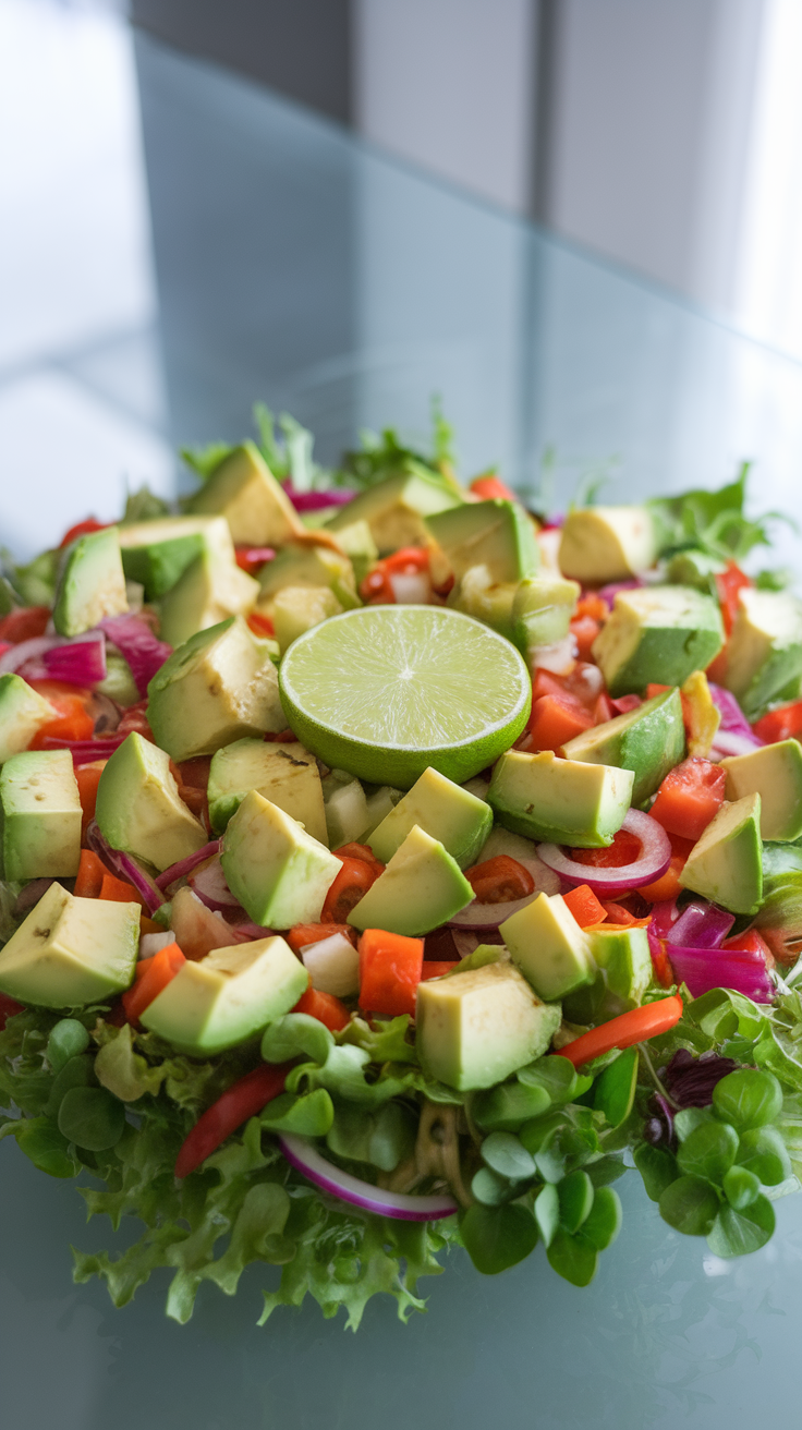 A colorful keto avocado salad with lime dressing on a clear glass table.