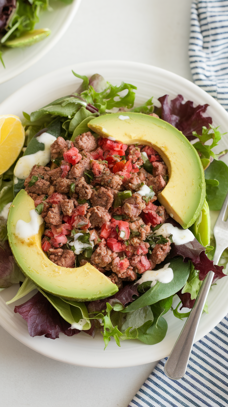 A delicious breakfast salad featuring ground beef, avocado, and fresh greens.