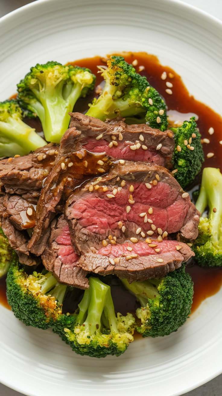 A plate of keto beef and broccoli stir-fry featuring sliced beef and bright green broccoli topped with sesame seeds.