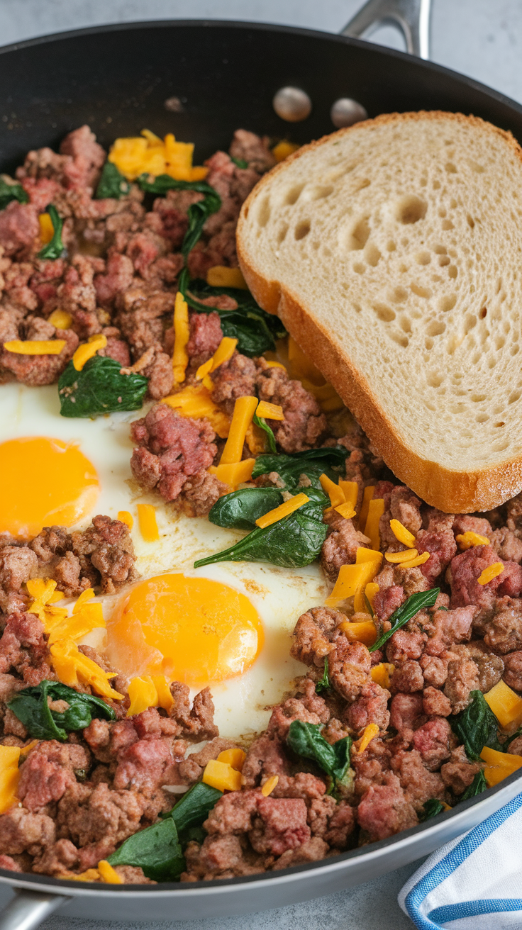 A skillet with a beef and egg breakfast scramble featuring spinach, cheese, and slices of bread on the side.