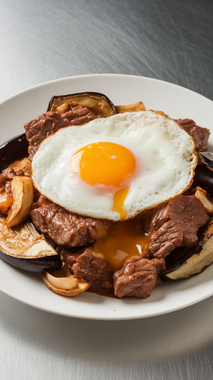 Keto Beef and Eggplant Stir-Fry with a sunny-side-up egg on top