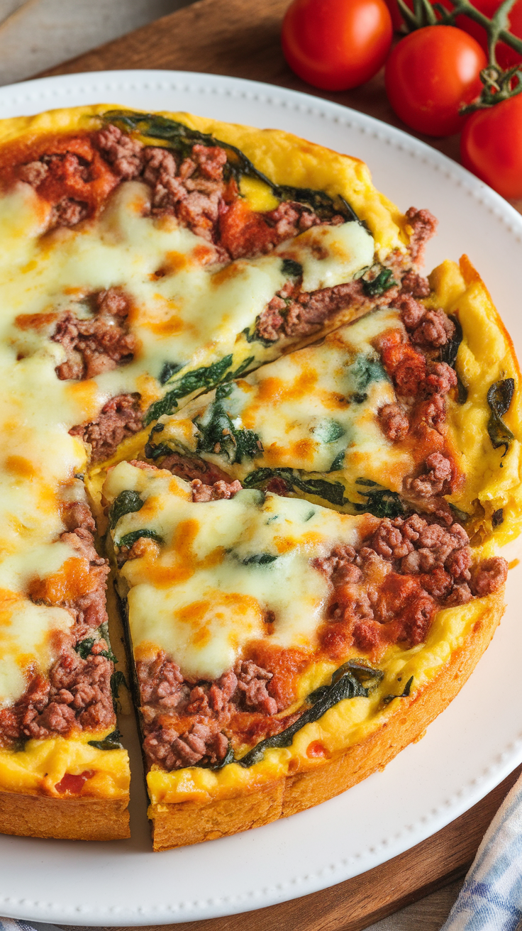 A delicious Keto Beef and Spinach Frittata served on a white plate with some cherry tomatoes in the background.