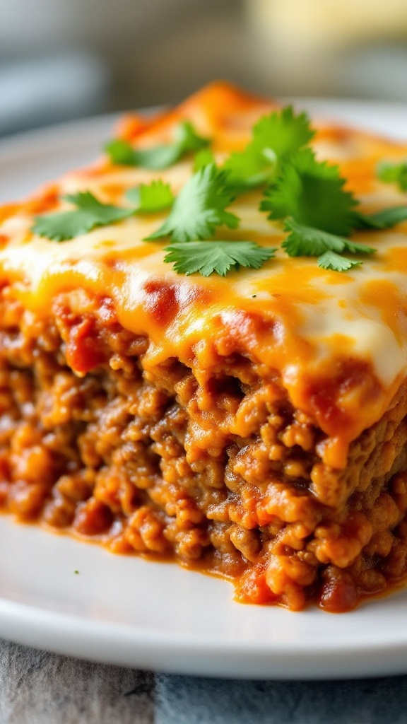 Delicious Keto Beef Enchilada Casserole topped with cilantro