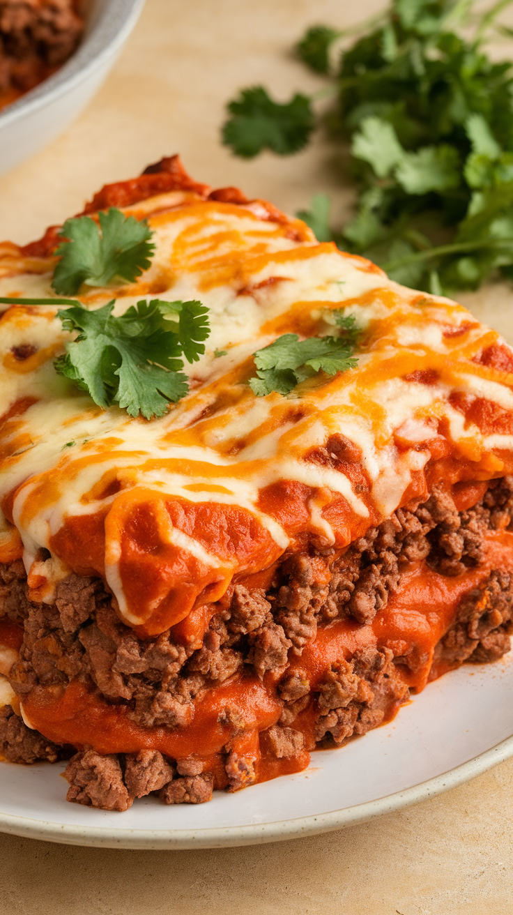 Delicious Keto Beef Enchilada Casserole topped with cilantro