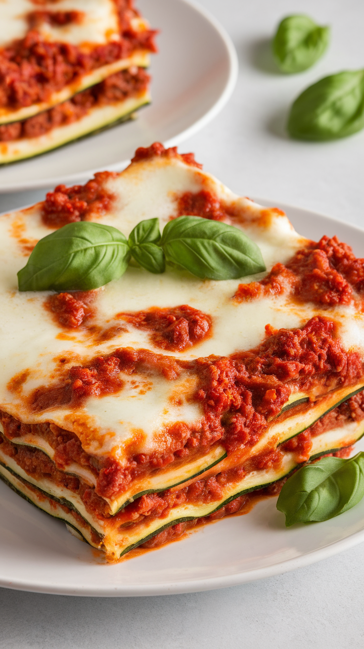 A close-up of a slice of keto beef lasagna garnished with fresh basil