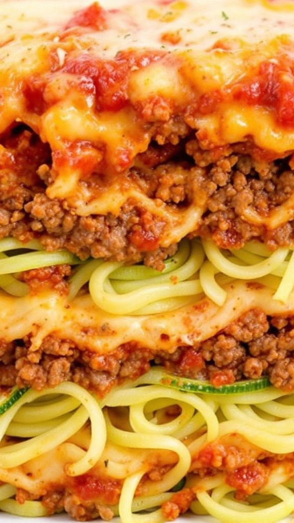 A close-up of a cheesy beef lasagna layered with zucchini noodles