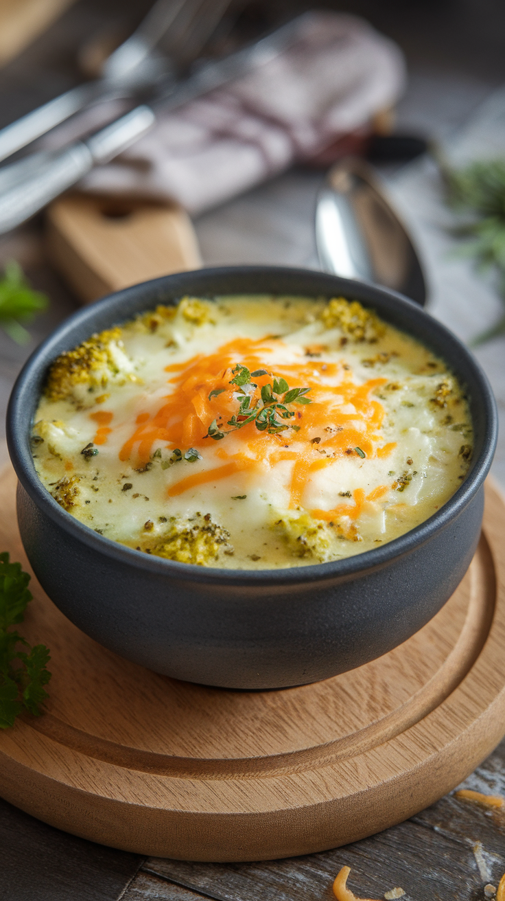 A bowl of creamy broccoli cheddar soup topped with shredded cheese and herbs.