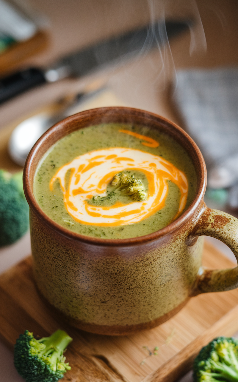 A steaming bowl of broccoli cheddar soup with a swirl of cheese on top, served in a brown mug.