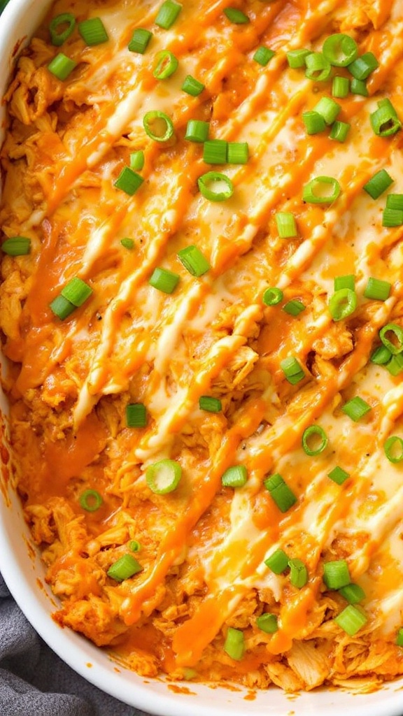 A delicious keto buffalo chicken casserole topped with green onions.