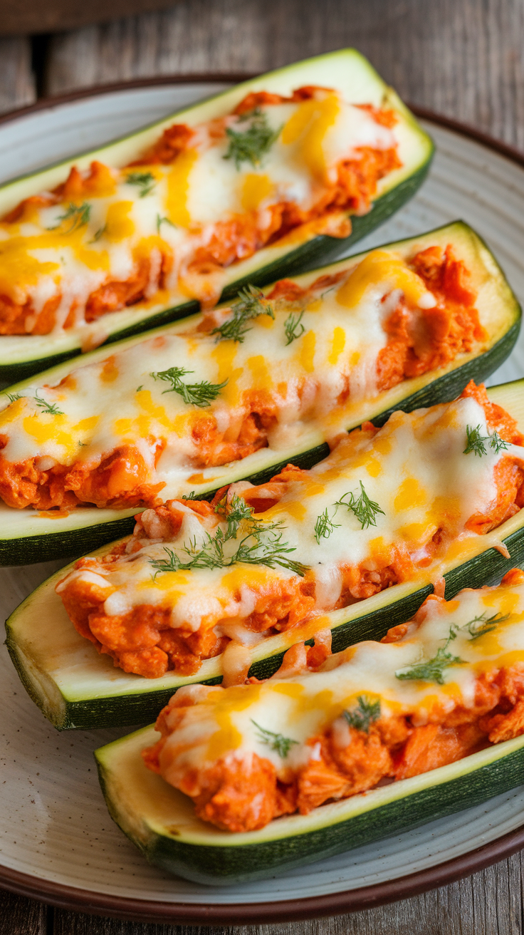 Keto Buffalo Chicken Stuffed Zucchini Boats on a plate