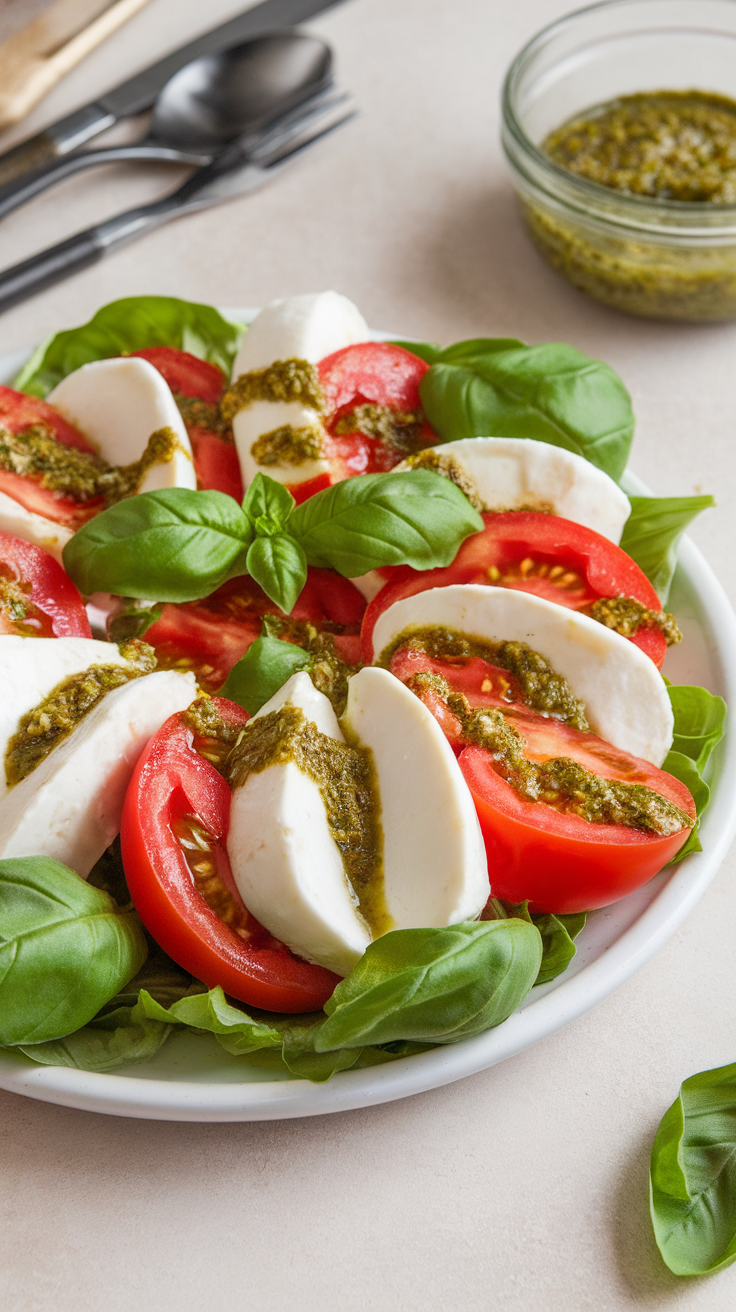 A plate of Keto Caprese Salad featuring mozzarella, tomatoes, basil, and pesto.