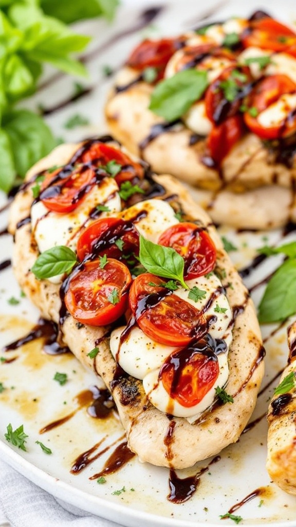 Keto Caprese Stuffed Chicken with tomatoes and basil on a plate