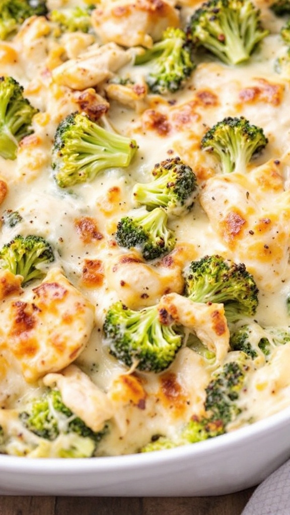 A delicious keto cheesy chicken and broccoli bake with melted cheese and cooked broccoli.