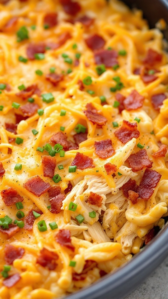 A delicious Keto Chicken and Bacon Ranch Casserole topped with cheese and bacon bits.