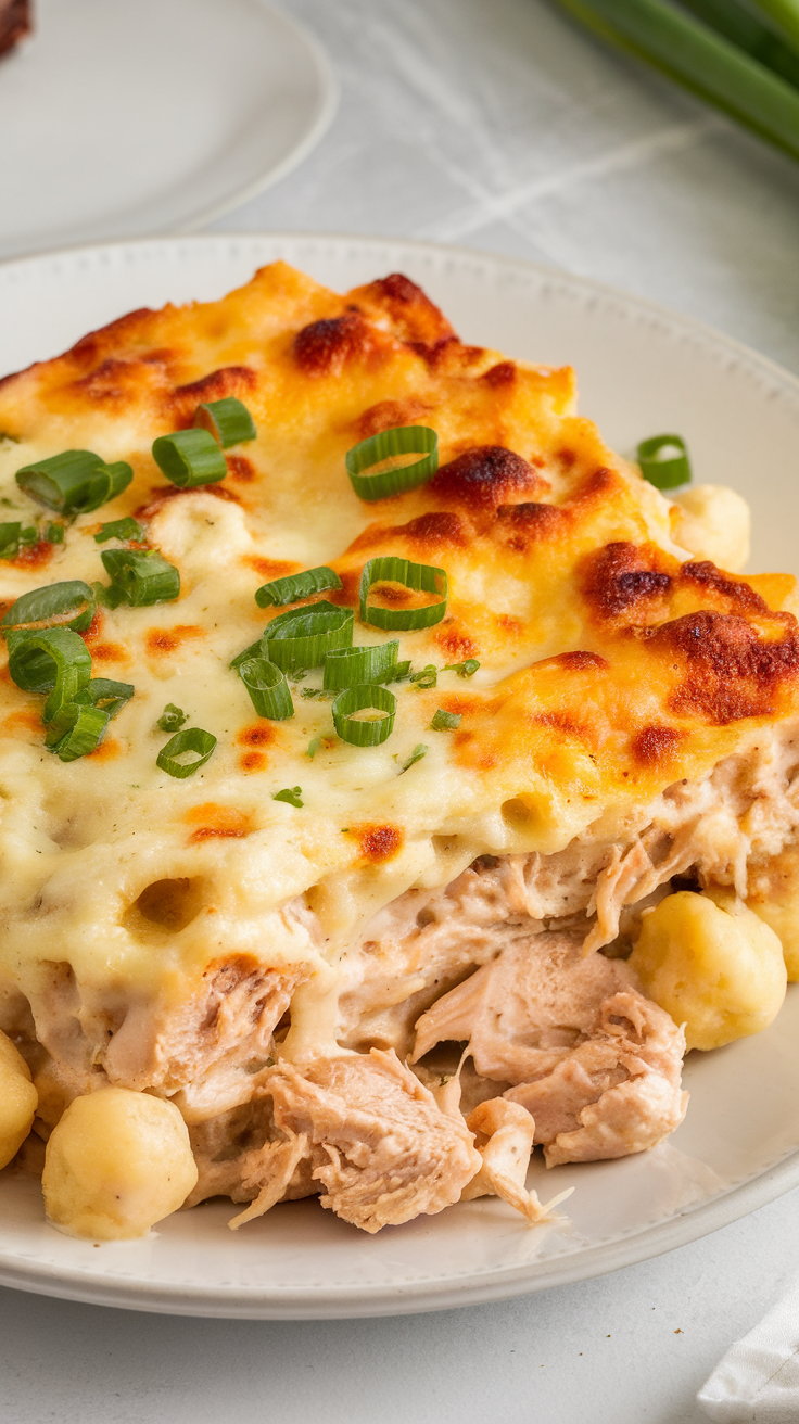 A close-up of a cheesy casserole with chicken and cauliflower gnocchi topped with green onions