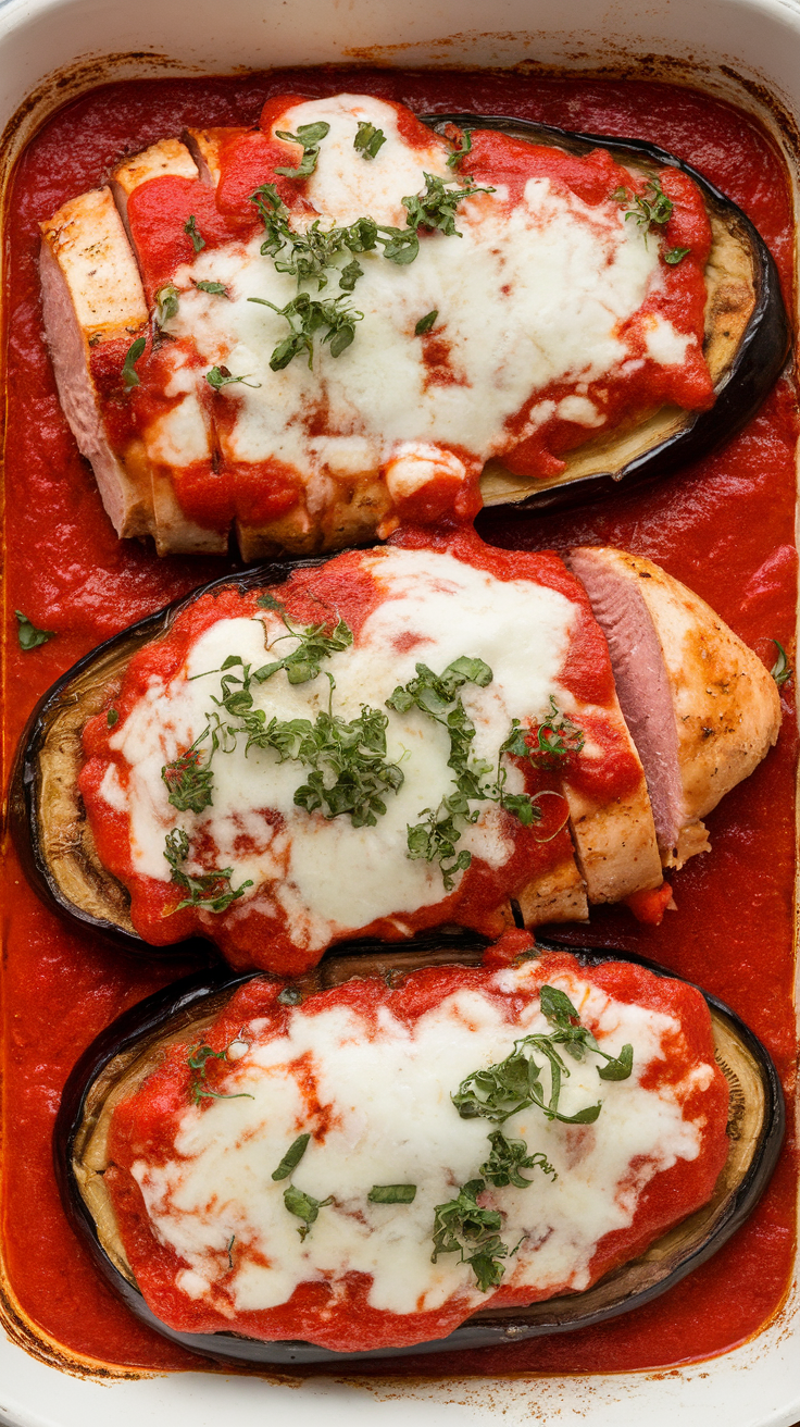 A delicious dish of Keto Chicken and Eggplant Parmesan topped with marinara sauce and cheese.