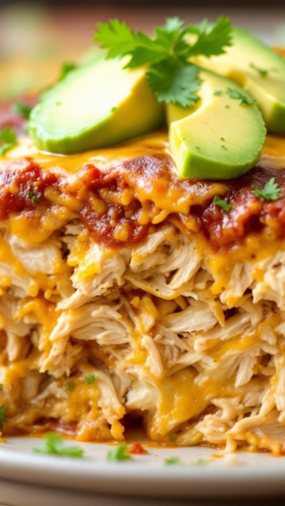 Delicious layered Keto Chicken Enchilada Casserole topped with avocado slices and cilantro