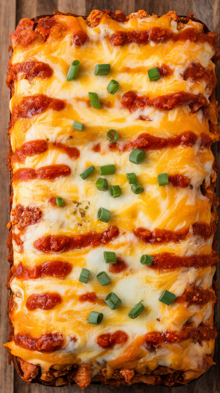 A deliciously baked Keto Chicken Enchilada Casserole topped with cheese and green onions