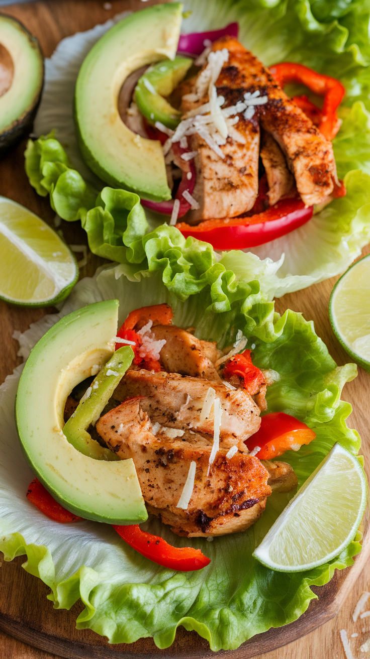 Two keto chicken fajita lettuce wraps with avocado, peppers, and lime on a wooden board.