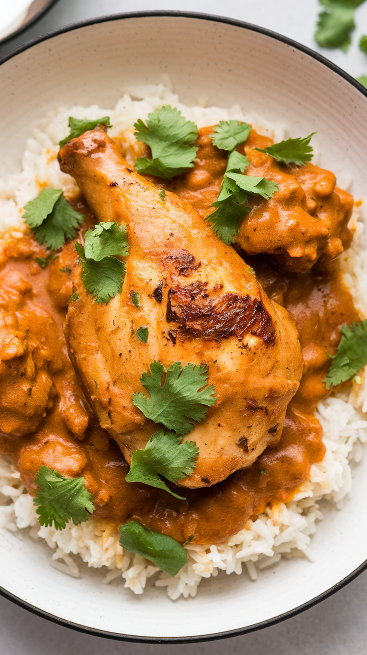 A bowl of chicken tikka masala with white rice and fresh cilantro.