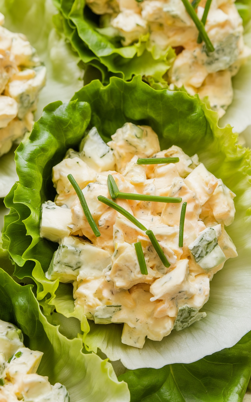 Keto egg salad served in lettuce wraps with chives